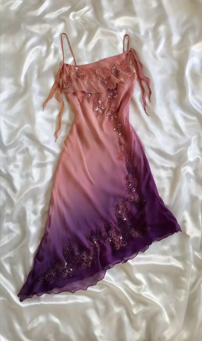 Unique Sheath Spaghetti Strap Beaded Pink Orange Ombre Chiffon Party Dress SH2711