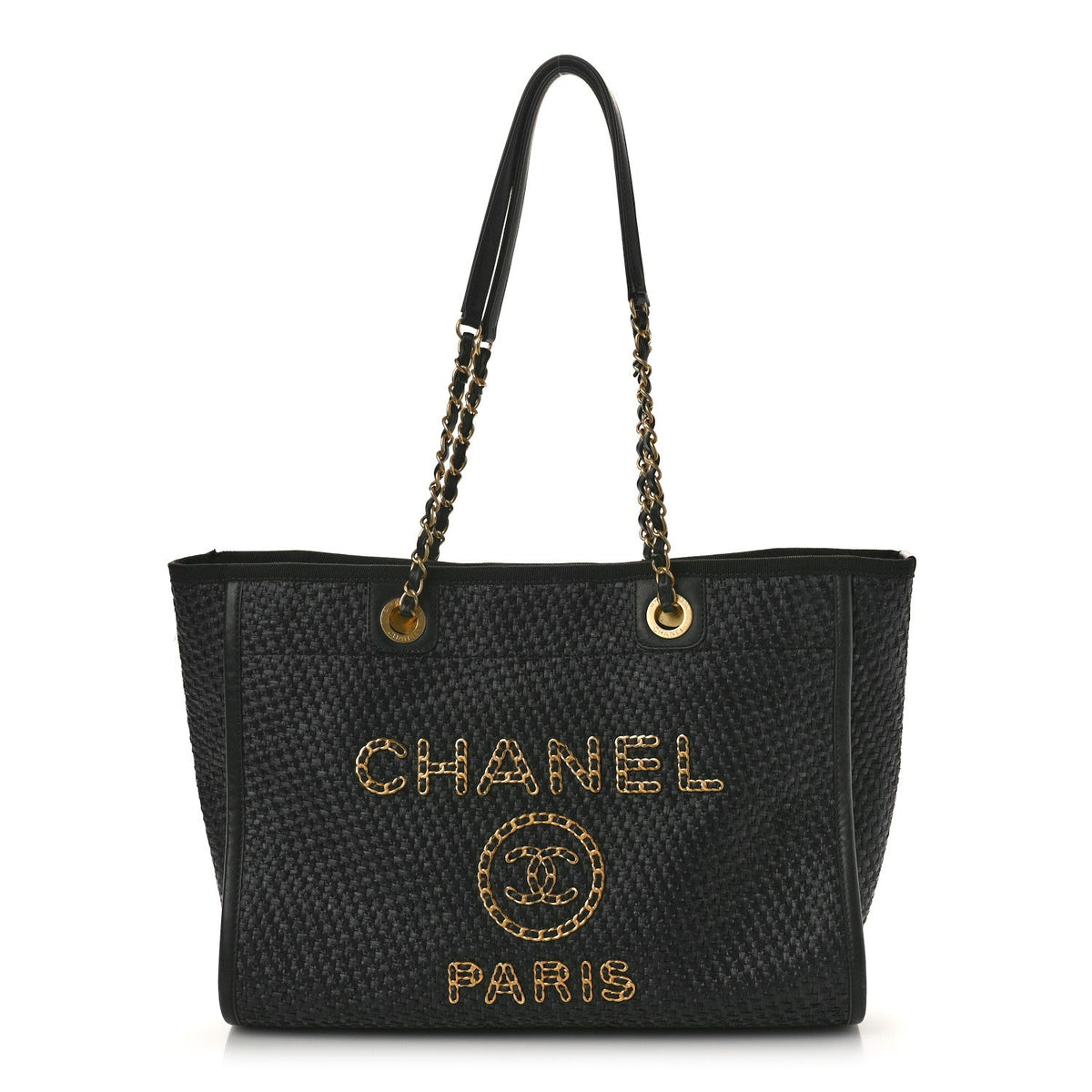 Straw Raffia Calfskin Chain Small Deauville Tote Black