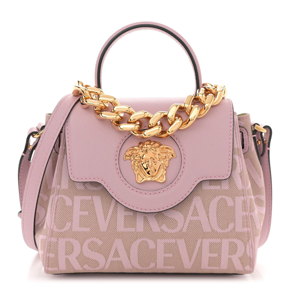 Calfskin Canvas Allover La Medusa Small Top Handle Handbag Pink