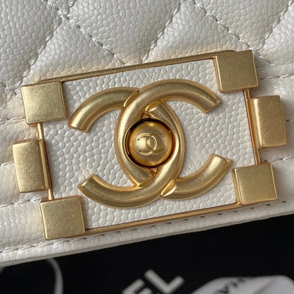 CC Boy Flap Bag with Handle Grained Shiny Calfskin & Gold-Tone Metal White 20 x 12 x 7cm