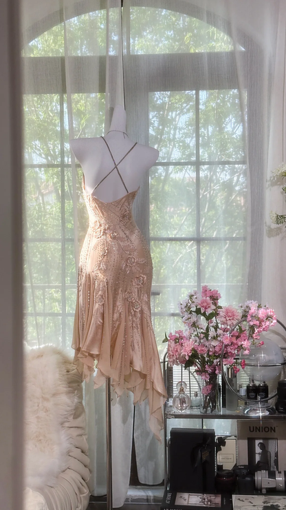 Vintage Champagne Sparkling Beaded Spaghetti Strap Romantic Chiffon Evening Dress Prom Dresses, D1462