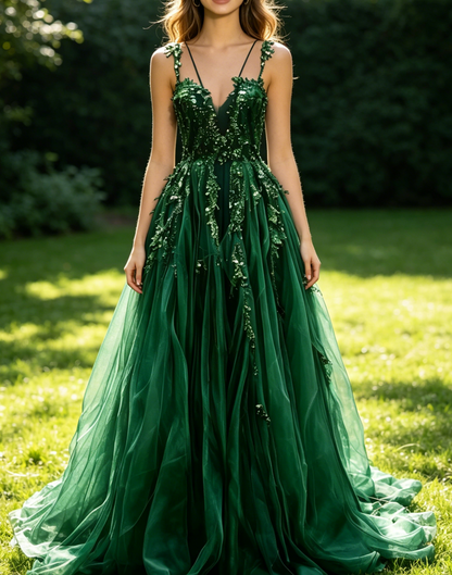 Green Straps A-Line V Neck Tulle Appliques Long Party Dress Formal Evening Gown, D426