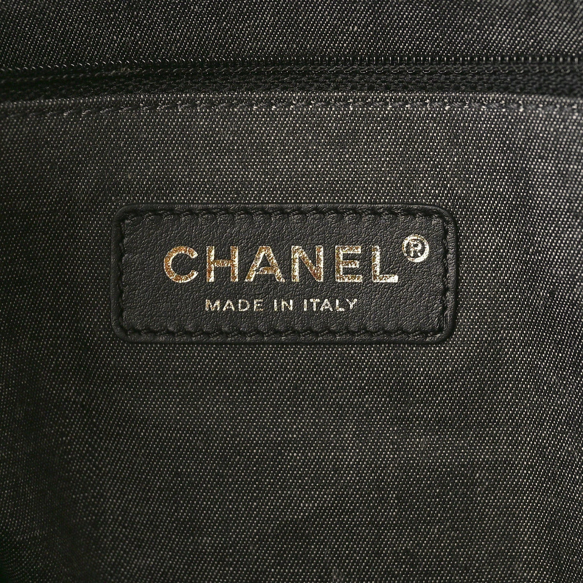 Straw Raffia Calfskin Chain Small Deauville Tote Black
