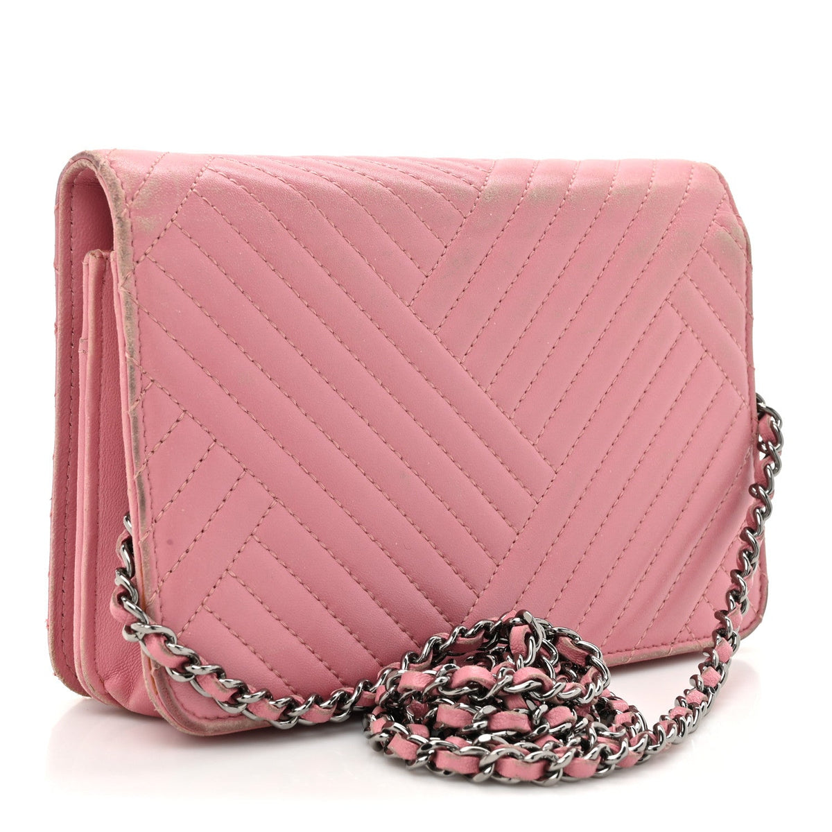 Lambskin Quilted CC Crossing Wallet On Chain WOC Pink