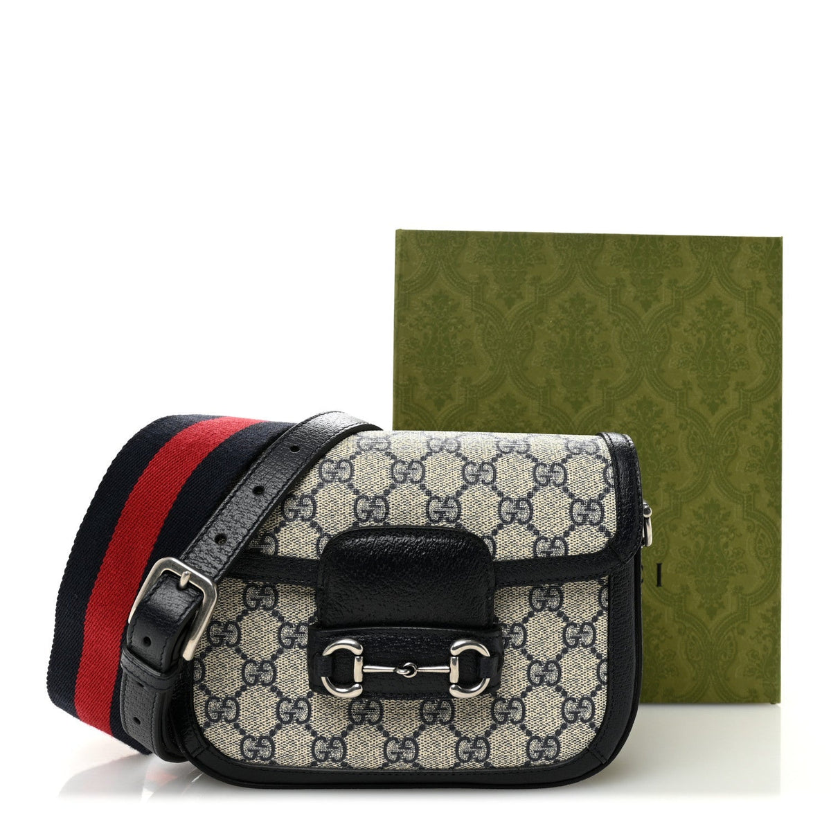 GG Supreme Monogram Textured Dollar Calfskin Web Mini Horsebit 1955 Shoulder Bag Beige Blue