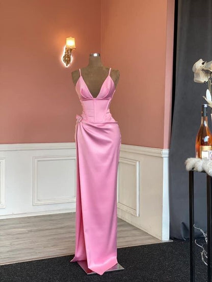 2026 Sexy Pink Prom Dress Satin V-neck Evening Dress Gala Gown Birthday Outfits,MD7126
