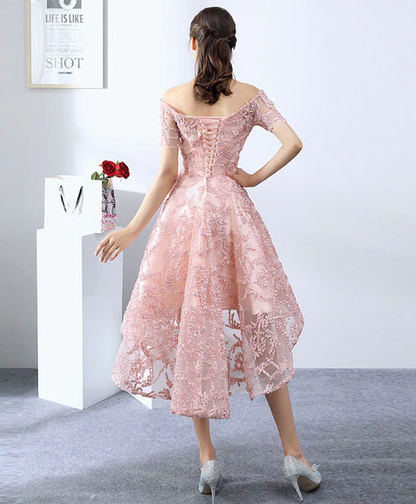Vintage Pink Applique Off-the-shoulder Design A-line Tulle Party Dress Homecoming Dress D1547