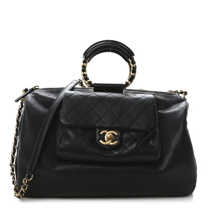 Grained Calfskin Lambskin Quilted Large Bowling Bag Black