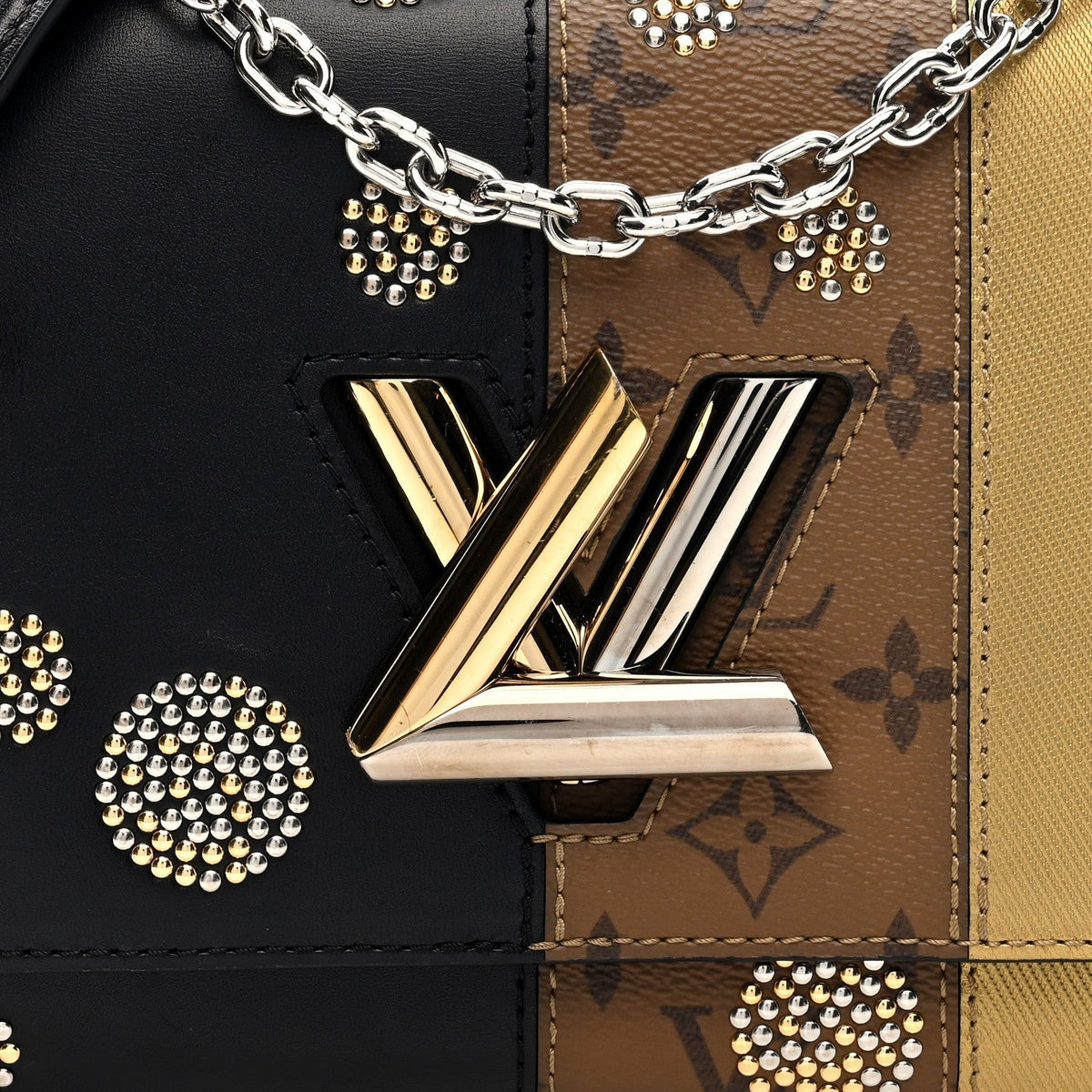 Calfskin Reverse Monogram Studded Twist Shoulder Bag MM Black Gold