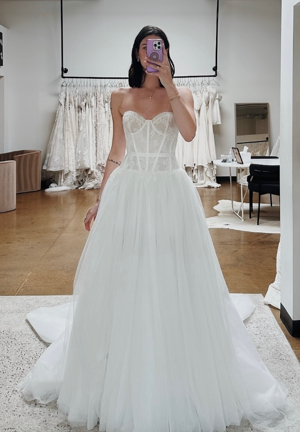 Sweety A Line Strapless White Lace Tulle Long Wedding Dress SH6035