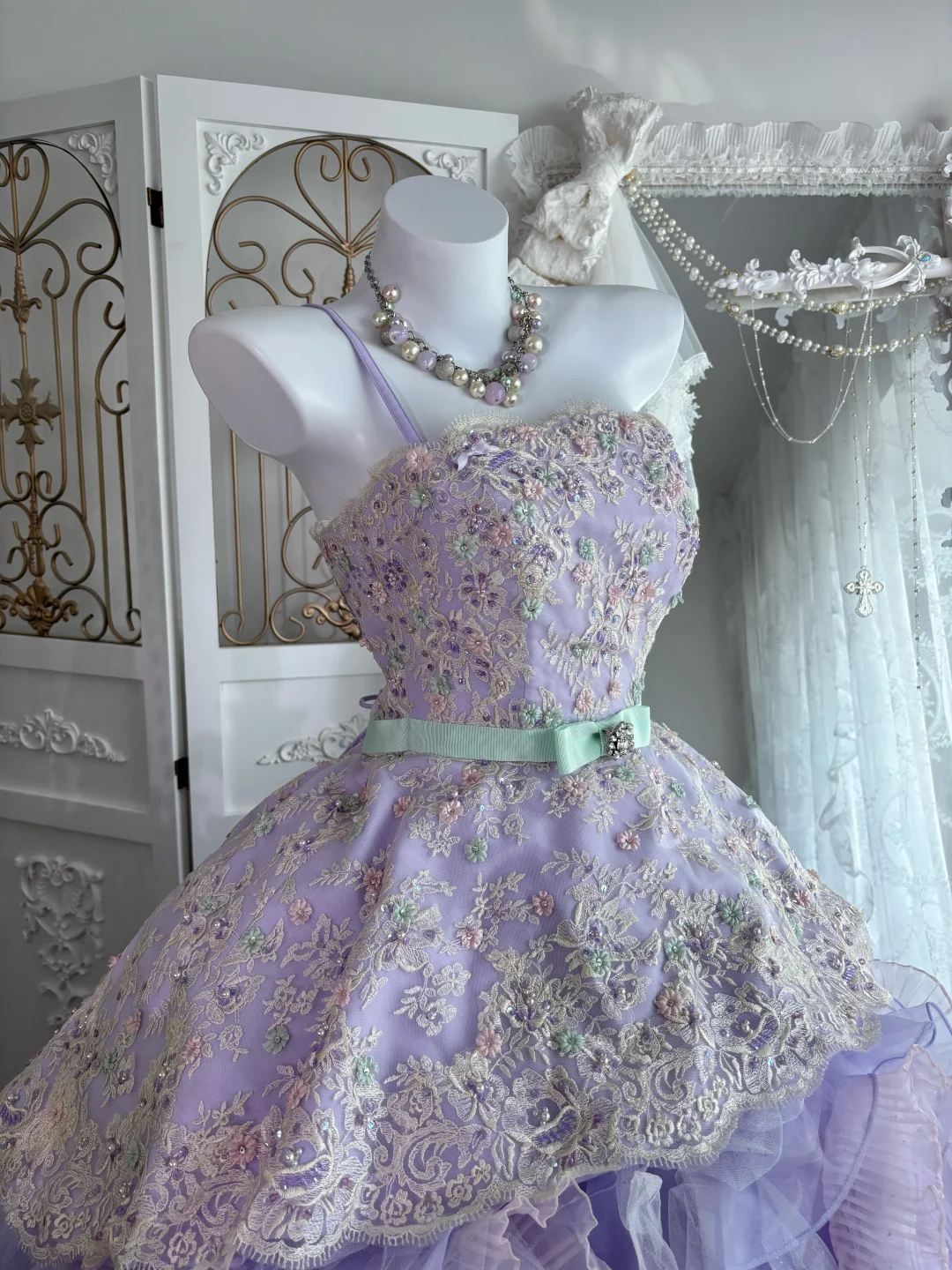 Vintage Lilac 3D Flower Ball Gown Layered Tulle Prom Dress Sweet 16 Dress SH5989