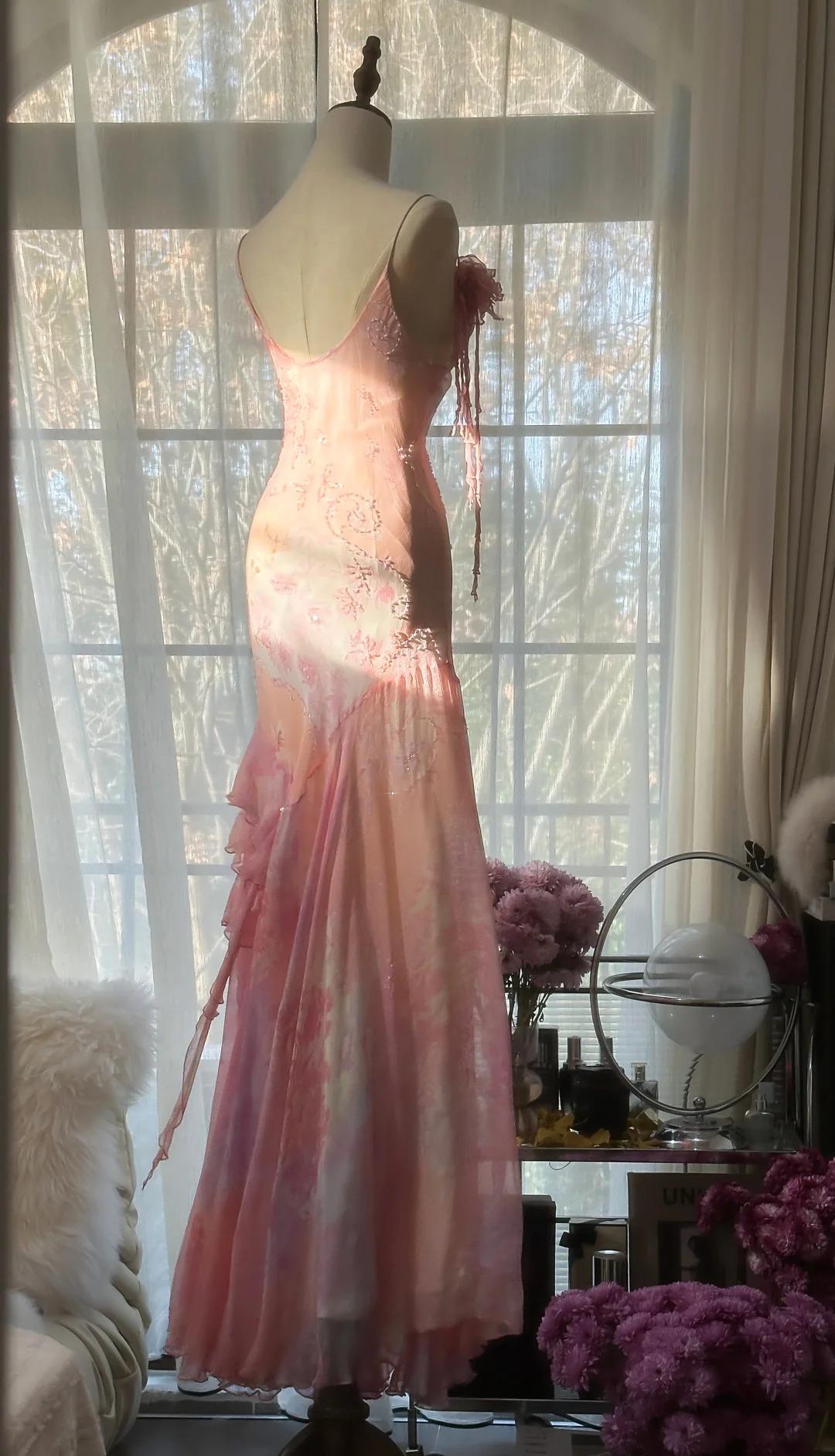 Vintage Pink Floral A-line Spaghetti Strap Irregular Hem Evening Dress Prom Dresses, D1431