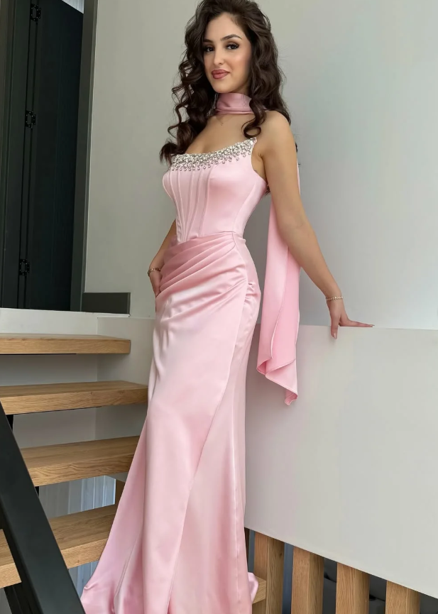 Sweety Pink Sheath Strapless Beaded Satin Prom Dress Wedding Guest Dress SH5419