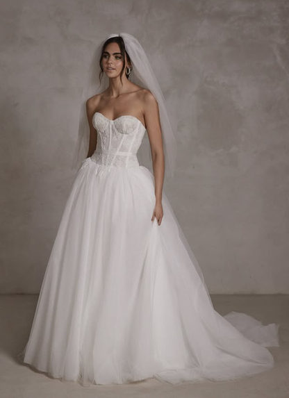 Sweety A Line Strapless White Lace Tulle Long Wedding Dress SH6035