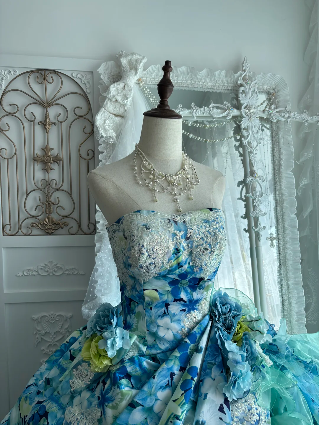 Vintage Dreamy Blue Strapless Print Floral Organza Prom Dress Sweet 16 Dress SH5782