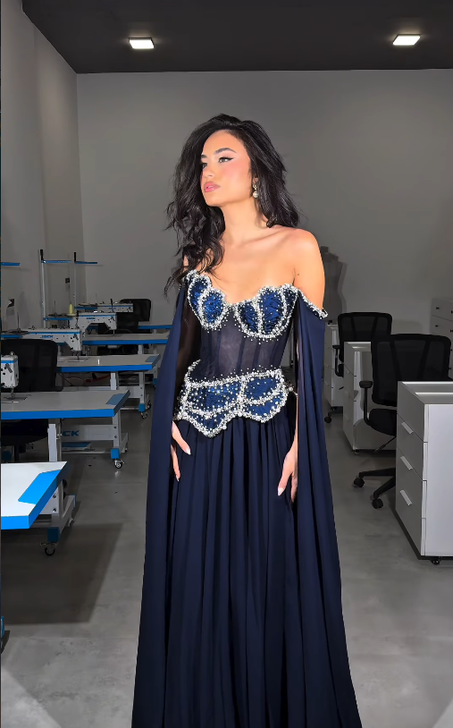 Stunning Navy Blue A Line Exquisite Pearl Beaded Chiffon Tulle Graduation Prom Dress SH5331