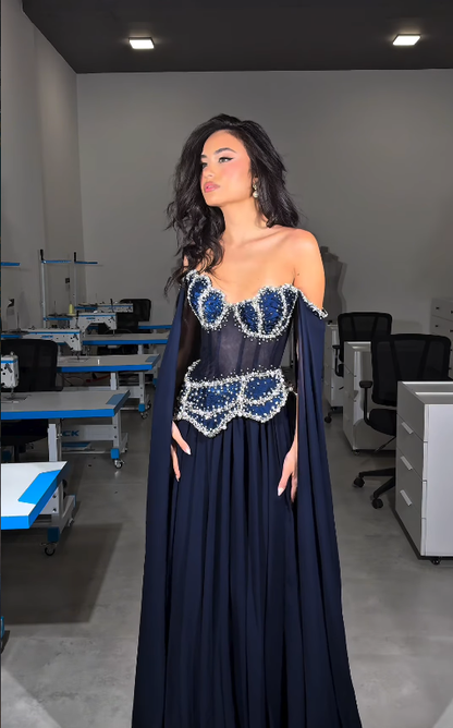 Stunning Navy Blue A Line Exquisite Pearl Beaded Chiffon Tulle Graduation Prom Dress SH5331