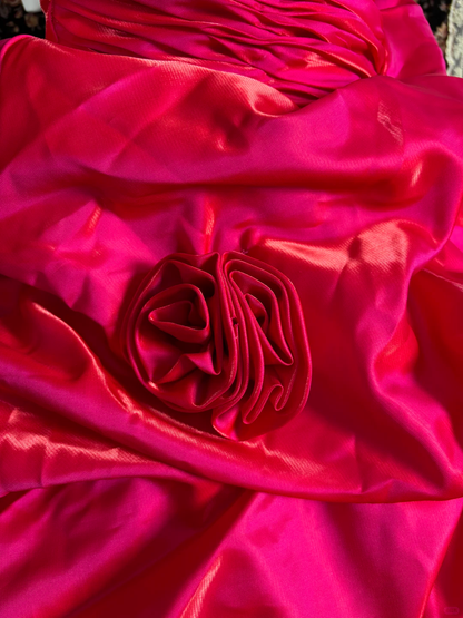 Vintage Hot Pink Ball Gown Strapless Pleated Satin Prom Dress Sweet 16 Dress SH5798