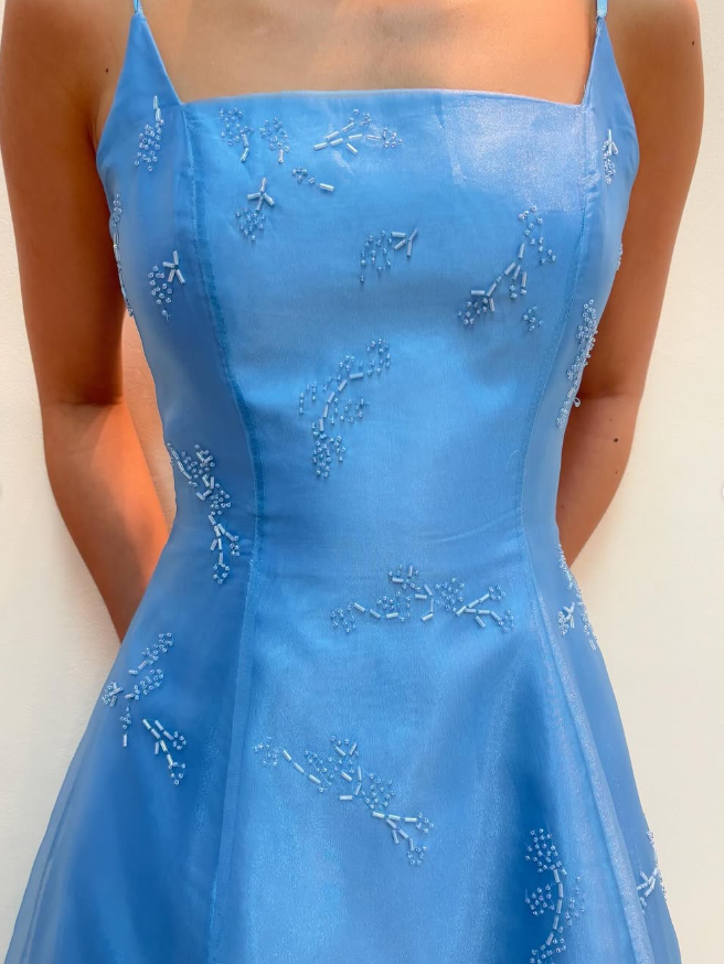 Vintage A Line Spaghetti Strap Beaded Blue Tulle Satin Prom Dress Evening Dress SH2115