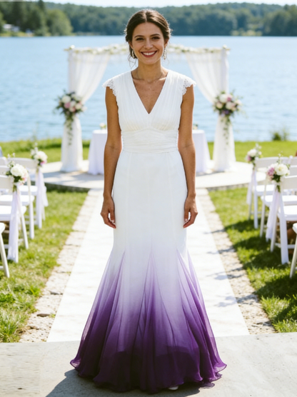 V neck Ombre Formal Prom Dress, A Line Wedding Party Gown T1824