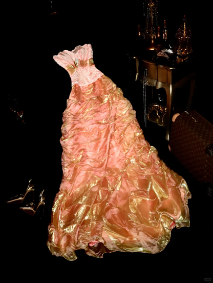 Vintage A Line Strapless Lace Pleated Organza Prom Dress Party Evening Dress SH5898