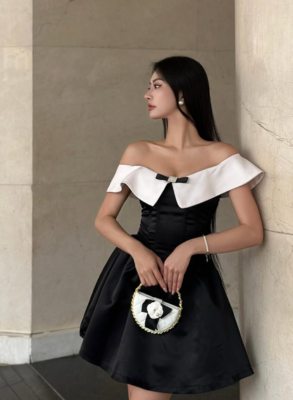 Stunning A Line Off the Shoulder White Black Satin Short Homecoming Dress Birthday Dress SH3026