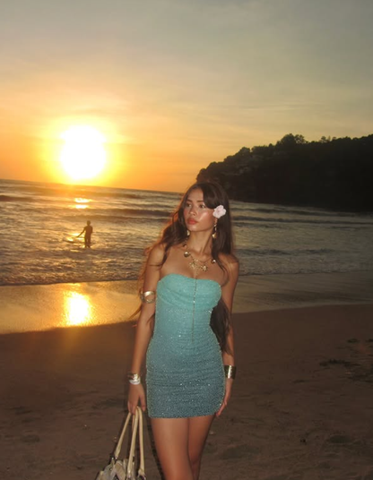 Stunning Sheath Strapless Beaded Blue Ombre Tulle Short Homecoming Dress Vacation Dress SH4476