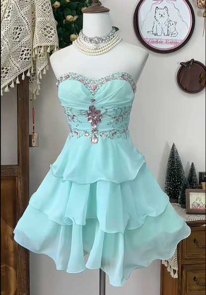 Vintage A Line Sweetheart Neck Layered Rhinestone Blue Chiffon Homecoming Dress Cocktail Dress SH2954