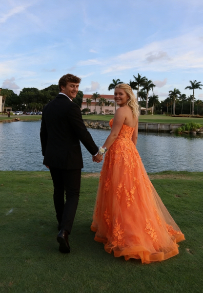 Strapless Tulle Appliques Long Evening Dress Orange Prom Dress SH965