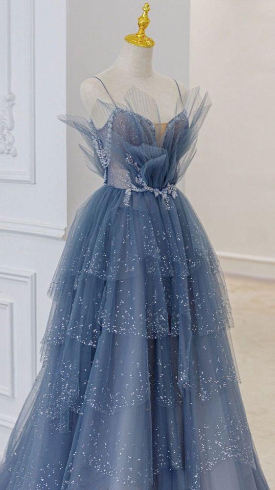 blue tulle sequin long prom dress M4985