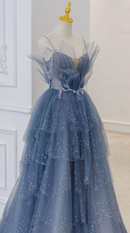 blue tulle sequin long prom dress M4985