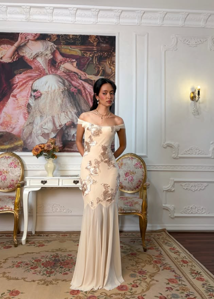 Vintage Apricot Mermaid Off the Shoulder Sequin Chiffon Long Prom Dress SH5392