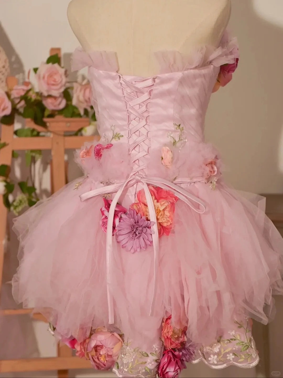 Stunning Homecoming Dress Strapless Flower Tulle Dress Back to School Outfits Party Dress  D6403