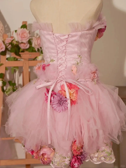 Stunning Homecoming Dress Strapless Flower Tulle Dress Back to School Outfits Party Dress  D6403