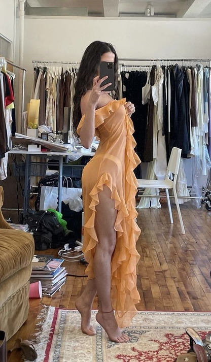 Light Orange Strapless Ruffles Long Party Dress Sexy Evening Dress, D927