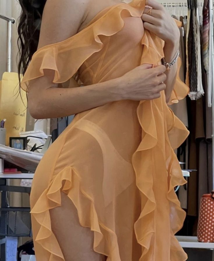 Light Orange Strapless Ruffles Long Party Dress Sexy Evening Dress, D927