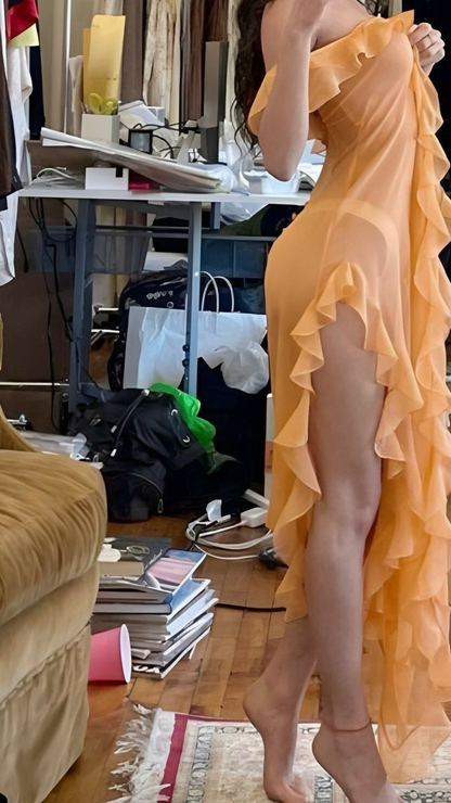 Light Orange Strapless Ruffles Long Party Dress Sexy Evening Dress, D927