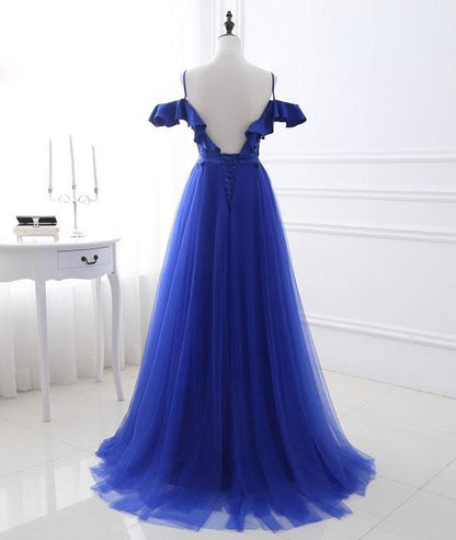 Blue tulle off shoulder long prom dress, blue evening dress M4783