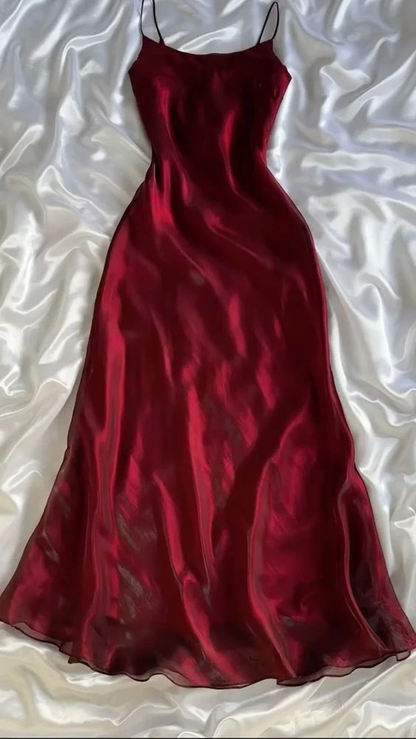 Wine Red Spaghetti Straps Chiffon Vintage Long Party Dress MD7391