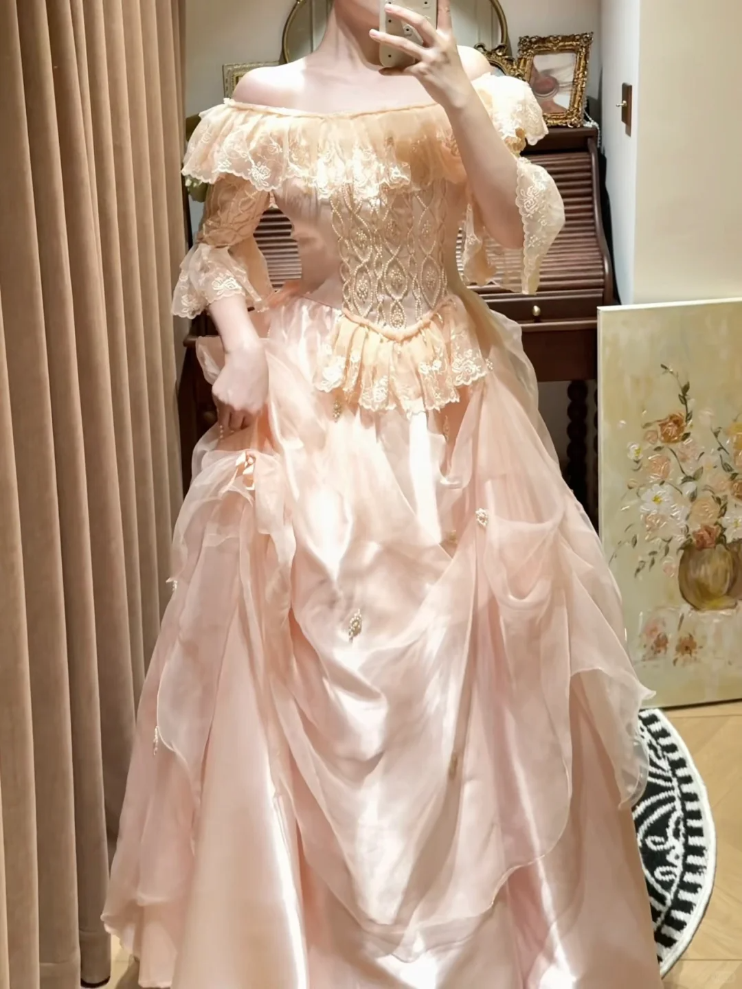 Stunning Light Pink A Line Long Sleeve Lace Organza Prom Dress SH5653