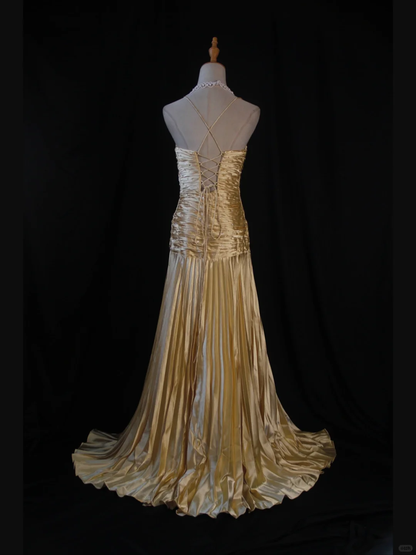 Vintage Gold A Line Spaghetti Straps Pleated Beaded Satin Prom Dress Graduation Prom Dress SH5188