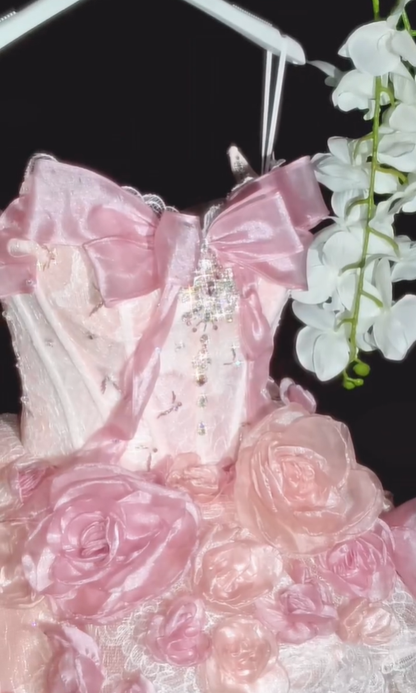 Sweety Ball Gown Strapless Beaded Pink Ombre Floral Tulle Long Prom Dress SH5040