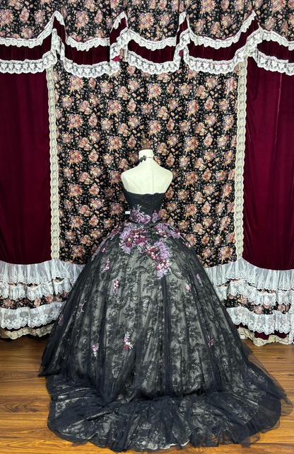 Vintage Black Lace Purple Appliques Ball Gown Strapless Prom Dress Sweet 16 Dress SH5799