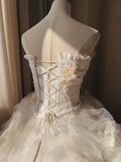 Stunning Retro Ball Gown Strapless Light Pink Rose Layered Organza Wedding Dress Prom Dress SH5890