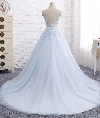 Blue v neck tulle lace long prom dress, blue evening dress M4854