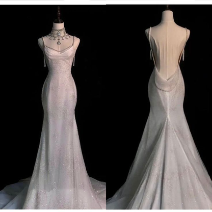 Stunning White Backless Mermaid Shiny Party Gown Wedding Dress, MD7991