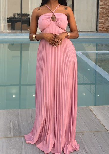Blue Halter A-Line Open Back Pleated Satin Long Party Dress MD7318