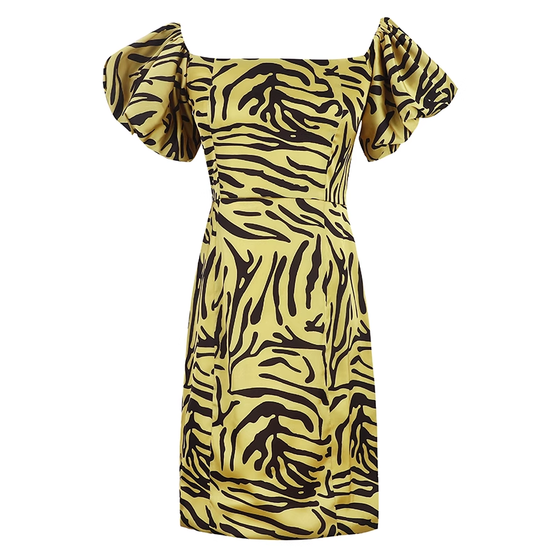 Yellow Leopard Print Off-the-shoulder Design Sheath Party Dress, D1415