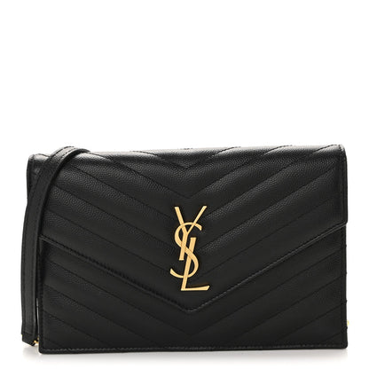 Grain De Poudre Matelasse Chevron Monogram Envelope Chain Wallet Black