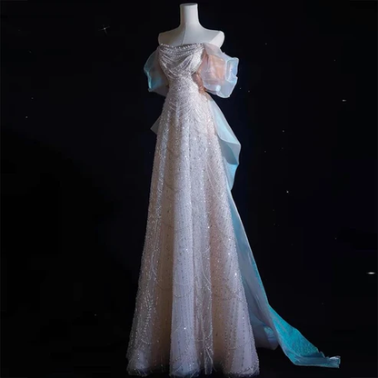 Light Pink Off Shoulder A-Line Sequins Pearls Long Formal Party Dress MD7407